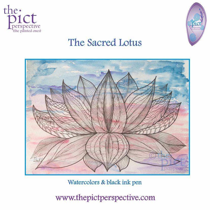 The Sacred Lotus painting - watercolor background with a black ink pen pattern on the inside of the lotus. 